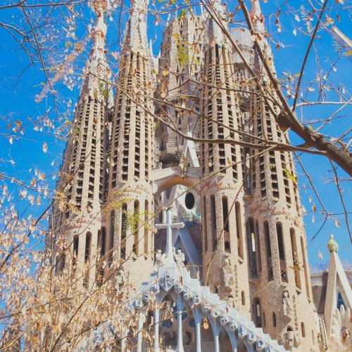 Stunning view of the Sagrada Familia Cathedral against a clear blue sky in Barcelona.