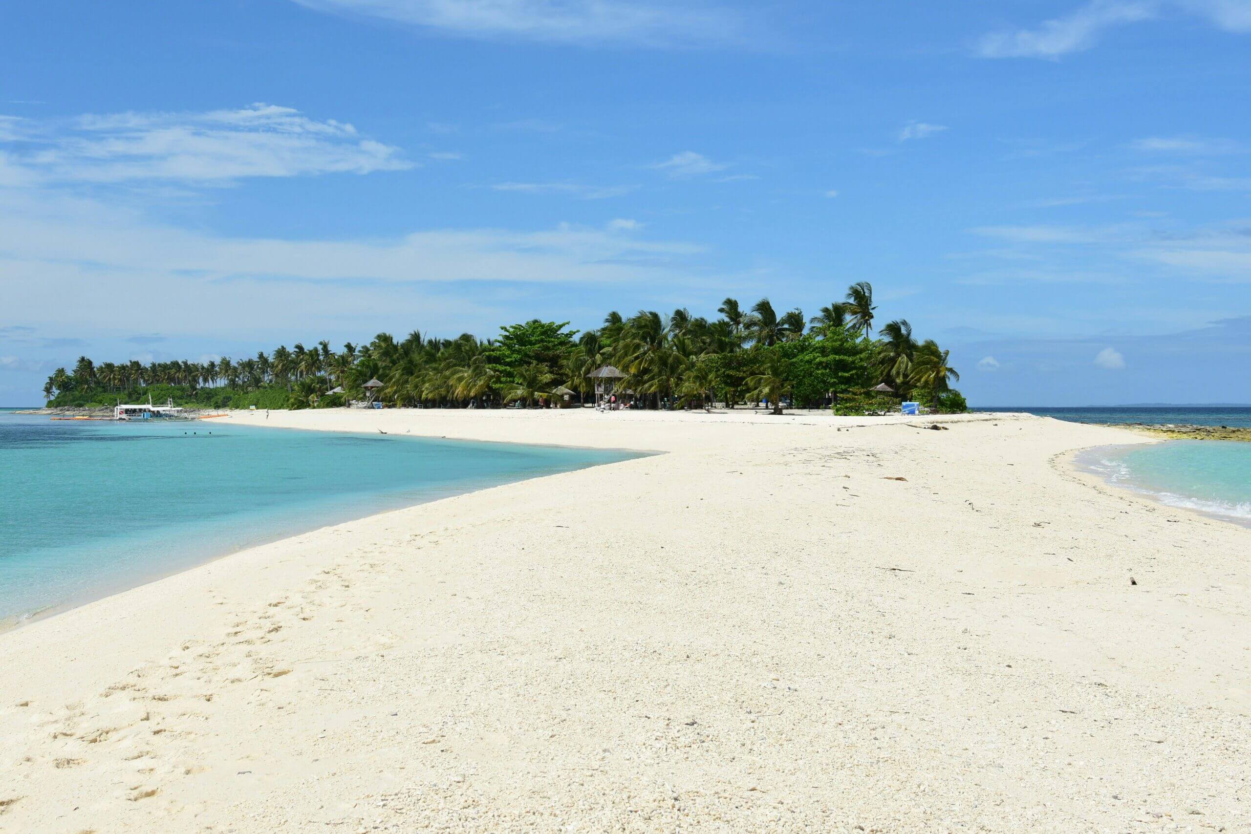 A serene, palm-lined beach in Eastern Visayas, Philippines, with turquoise waters and clear blue skies.