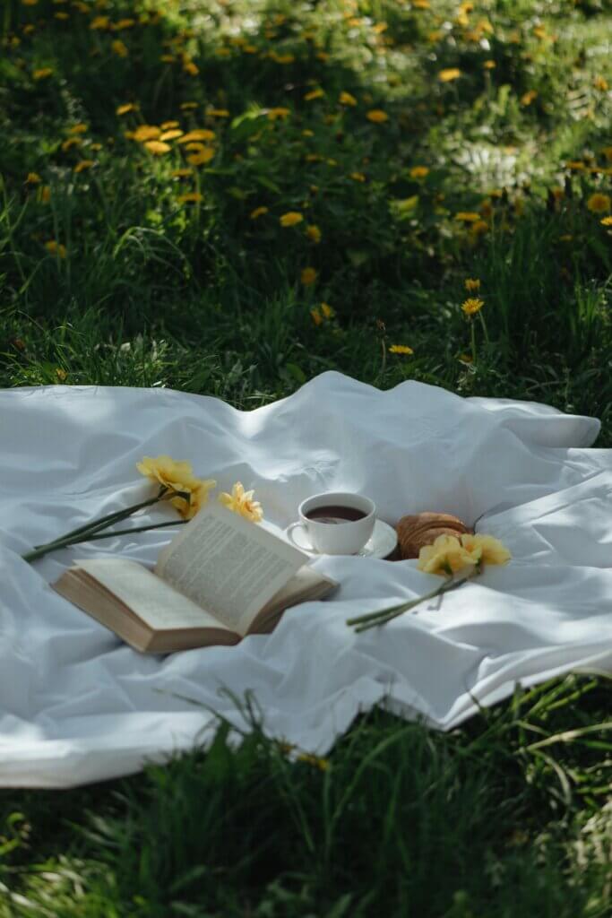 Tranquil picnic setup in a meadow with book, tea, and flowers on a blanket.