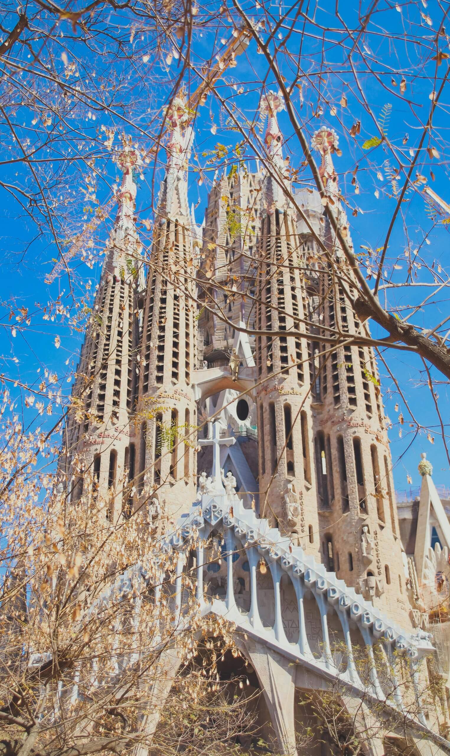Stunning view of the Sagrada Familia Cathedral against a clear blue sky in Barcelona.